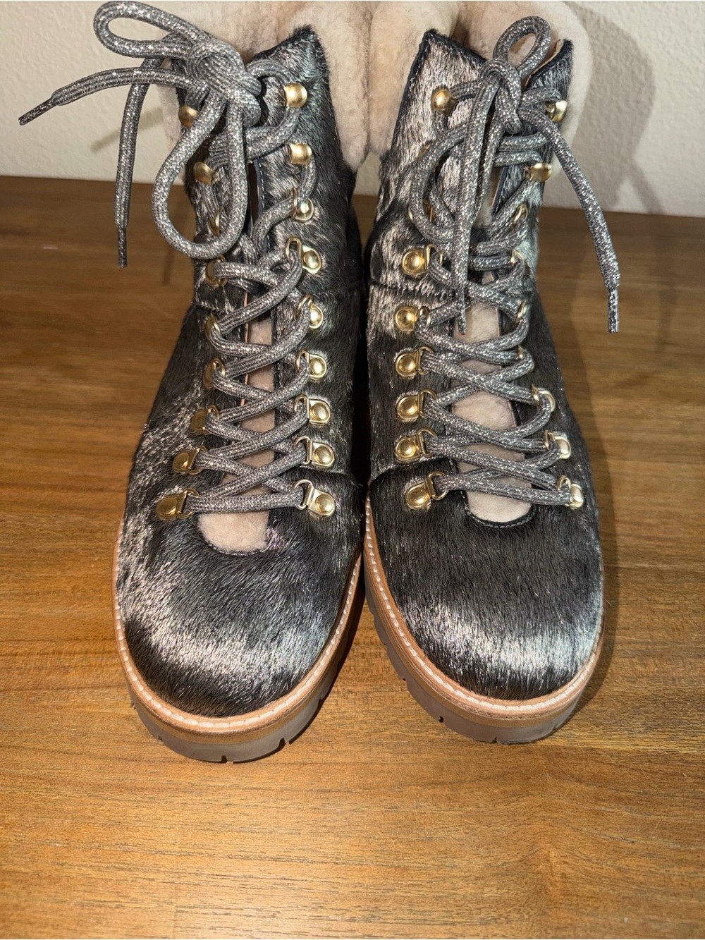 Boden Women's Charcoal Faux-Hair Lace-Up Hiking Boots with Gold Hardware